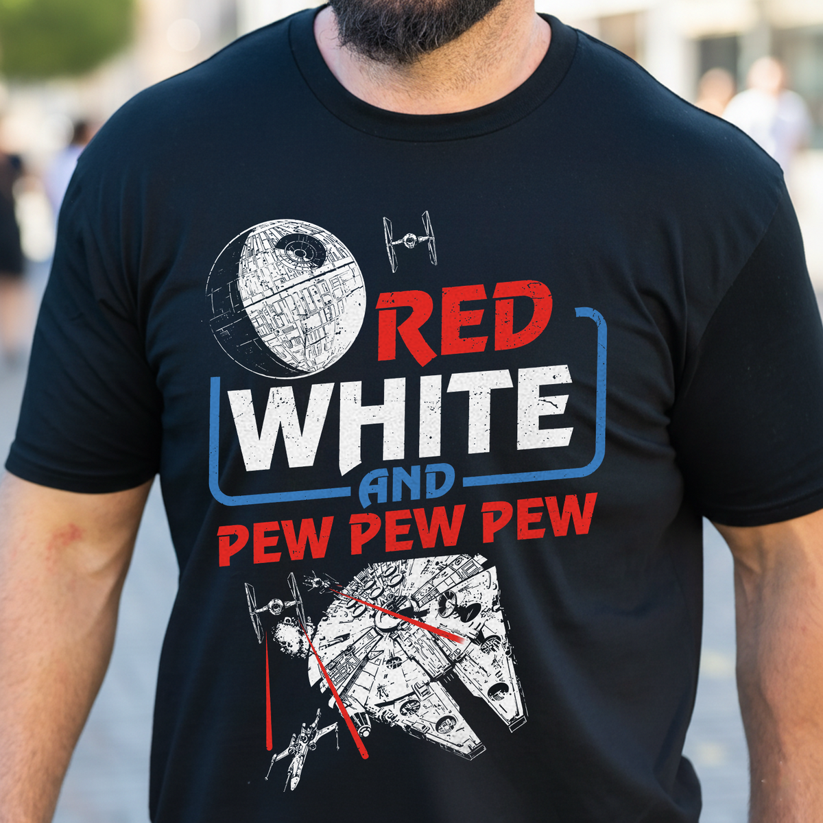 Red White And Pew Pew Pew T-Shirt, Galaxy 4th Of July Tee, Starship Independence Day Shirt, Galaxy Edge Patriotic Tee