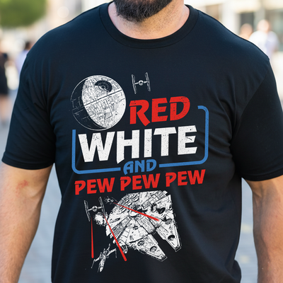 Red White And Pew Pew Pew T-Shirt, Galaxy 4th Of July Tee, Starship Independence Day Shirt, Galaxy Edge Patriotic Tee
