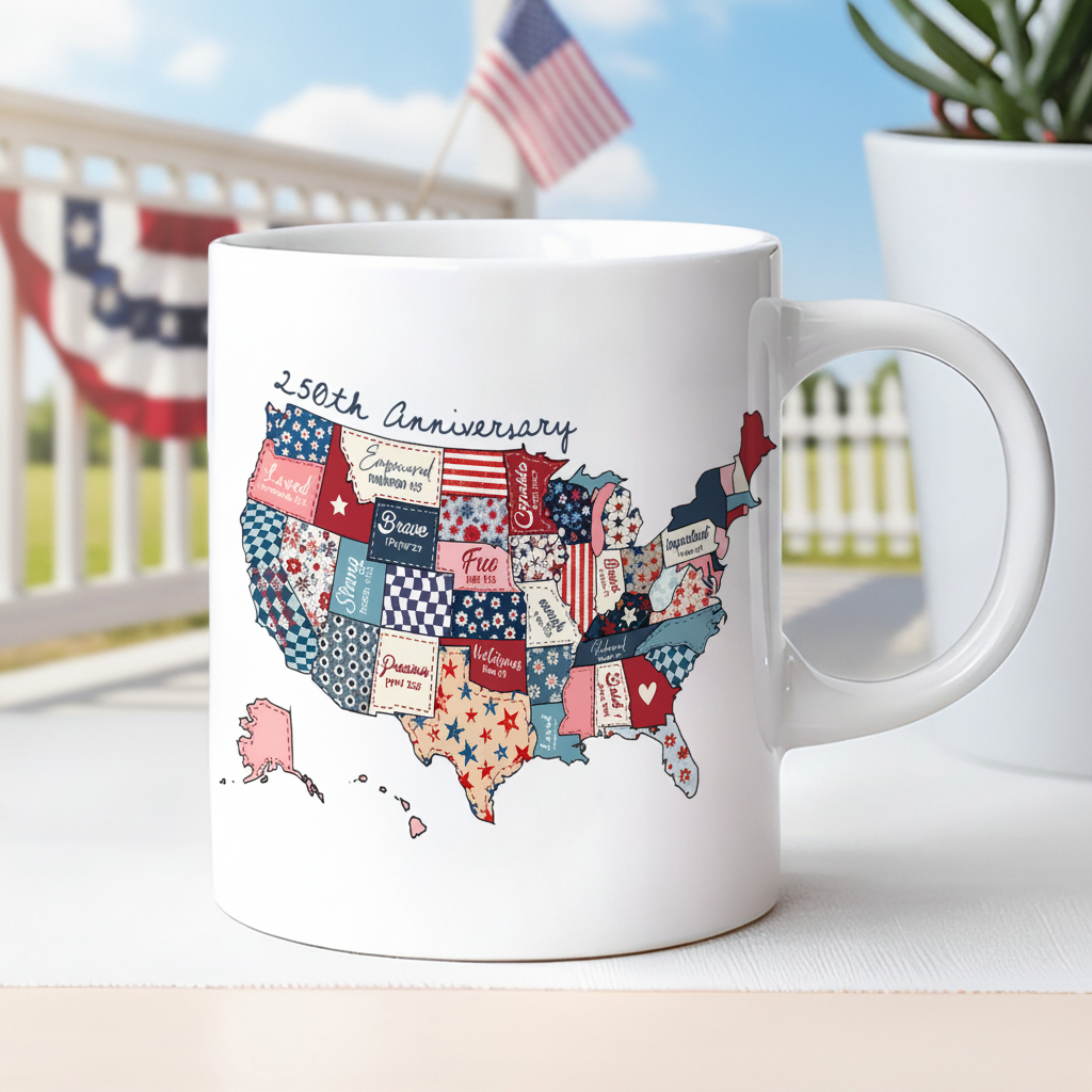 America 250th Anniversary Patchwork Map Mug, Patriotic USA 250 Years Coffee Cup, Semiquincentennial Gift