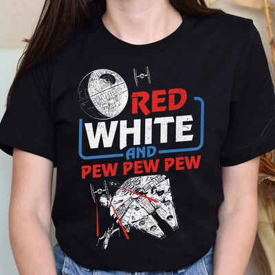 Red White And Pew Pew Pew T-Shirt, Galaxy 4th Of July Tee, Starship Independence Day Shirt, Galaxy Edge Patriotic Tee