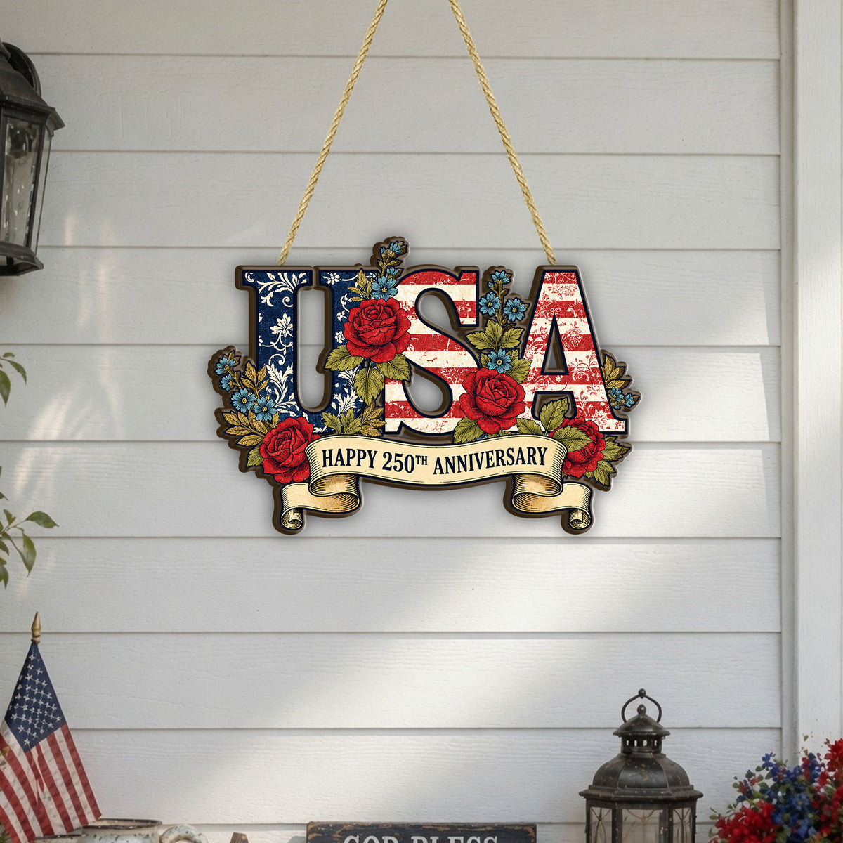 USA 250th Anniversary Wooden Sign, Patriotic Door Hanging Decor