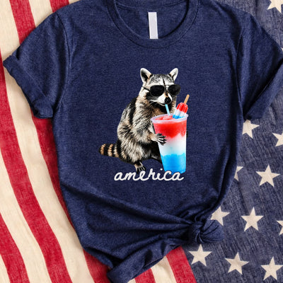 America Raccoon Drinking Patriotic Slushie T-shirt, Funny American Meme Tee, Red White Blue Popsicle Drink Shirt