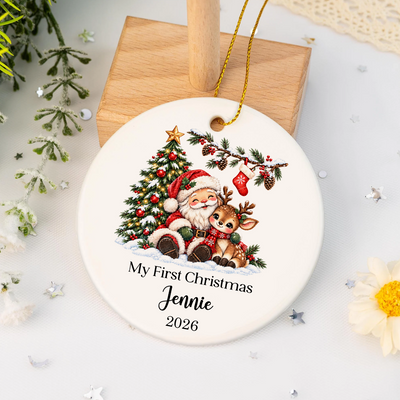 Santa Reindeer My First Christmas  -  Personalized Ceramic Ornament, Baby Girl Baby Boy First Christmas Gift, Baby Shower Gift