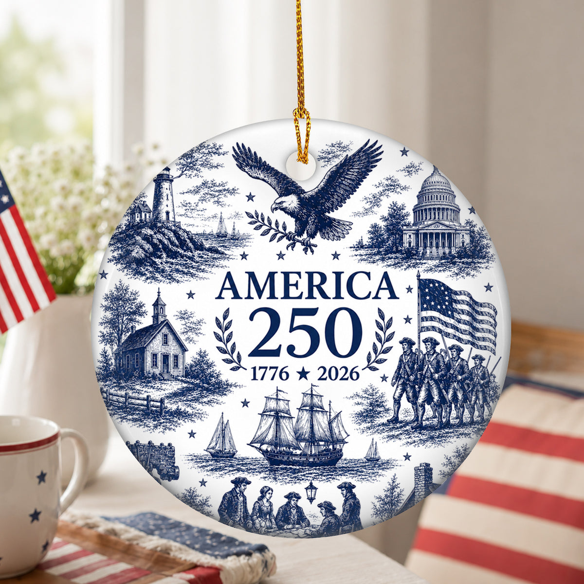 250 Years of American History - America 250th Anniversary Ornament, Blue Toile Patriotic Christmas Keepsake, USA 1776–2026 Ceramic Ornament
