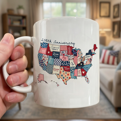 America 250th Anniversary Patchwork Map Mug, Patriotic USA 250 Years Coffee Cup, Semiquincentennial Gift