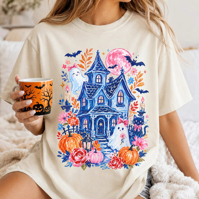 Trendy Haunted House T-shirt, Brushstroke Halloween Shirt, Girly Spooky Season Tee