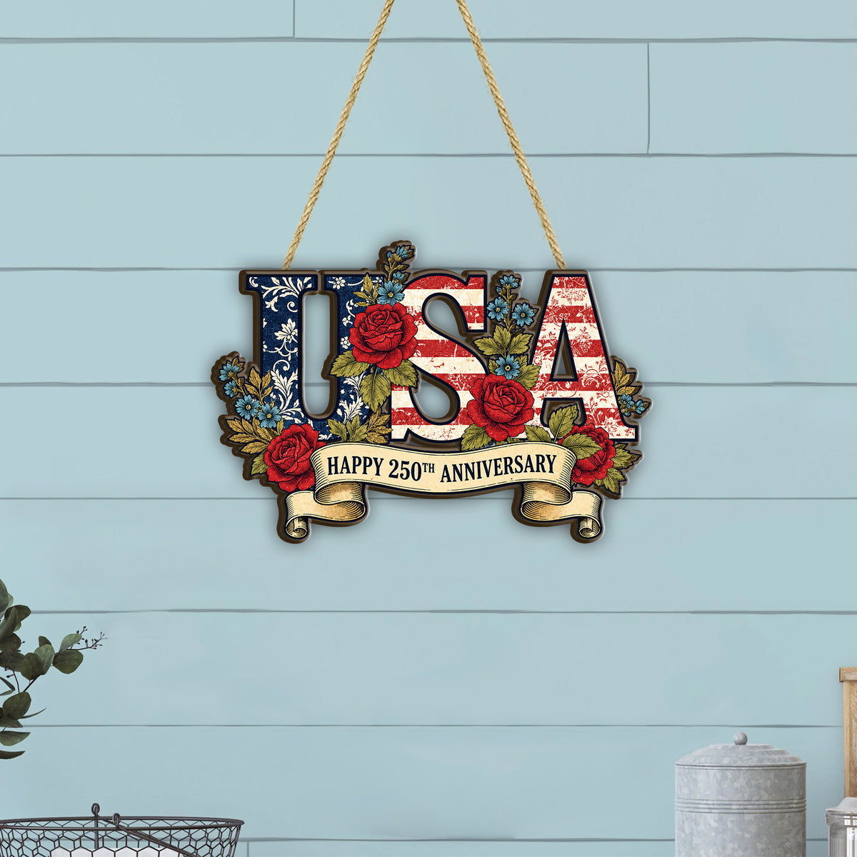 USA 250th Anniversary Wooden Sign, Patriotic Door Hanging Decor