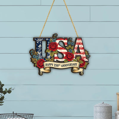 USA 250th Anniversary Wooden Sign, Patriotic Door Hanging Decor