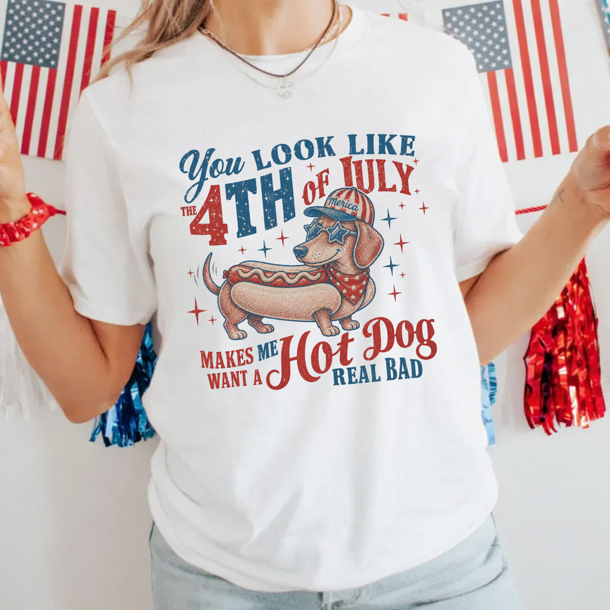 4th of July Dachshund Hot Dog T-shirt, Funny Patriotic Weiner Dog America Graphic Tee, Retro USA Independence Day Dog Lover Gift
