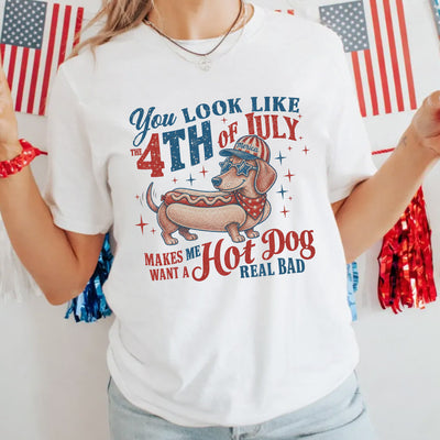 4th of July Dachshund Hot Dog T-shirt, Funny Patriotic Weiner Dog America Graphic Tee, Retro USA Independence Day Dog Lover Gift