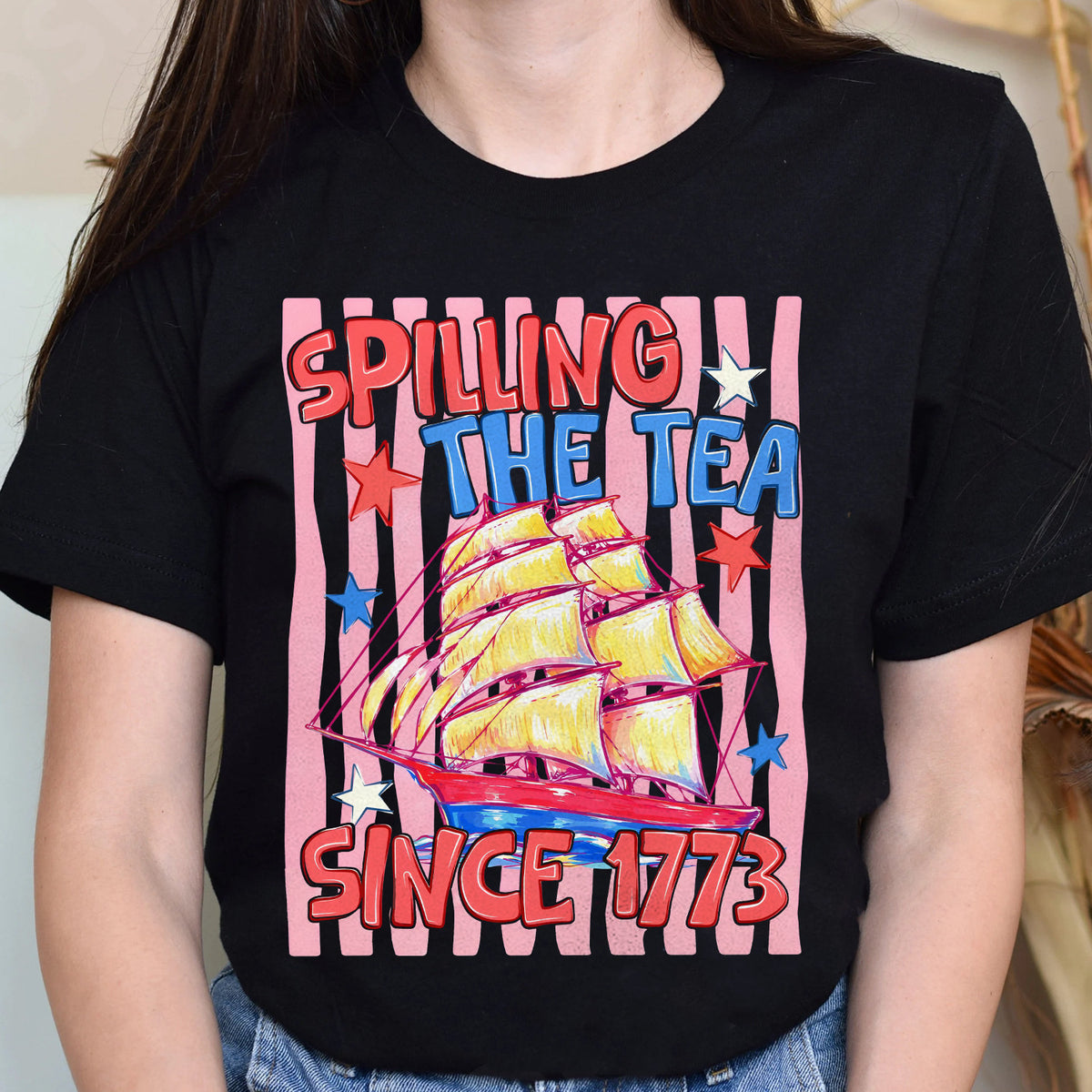 Striped Spilling The Tea Since 1773 Shirt, Funny 4th Of July Tee, Preppy Patriotic USA T-Shirt