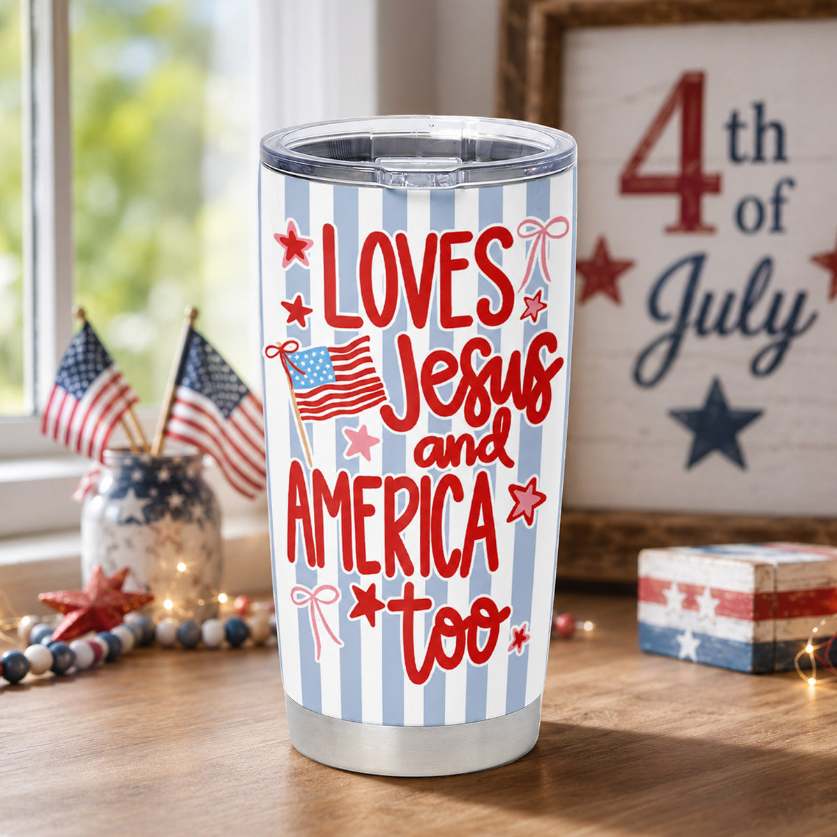 Loves Jesus and America Too Tumbler, Patriotic Christian Travel Cup with American Flag