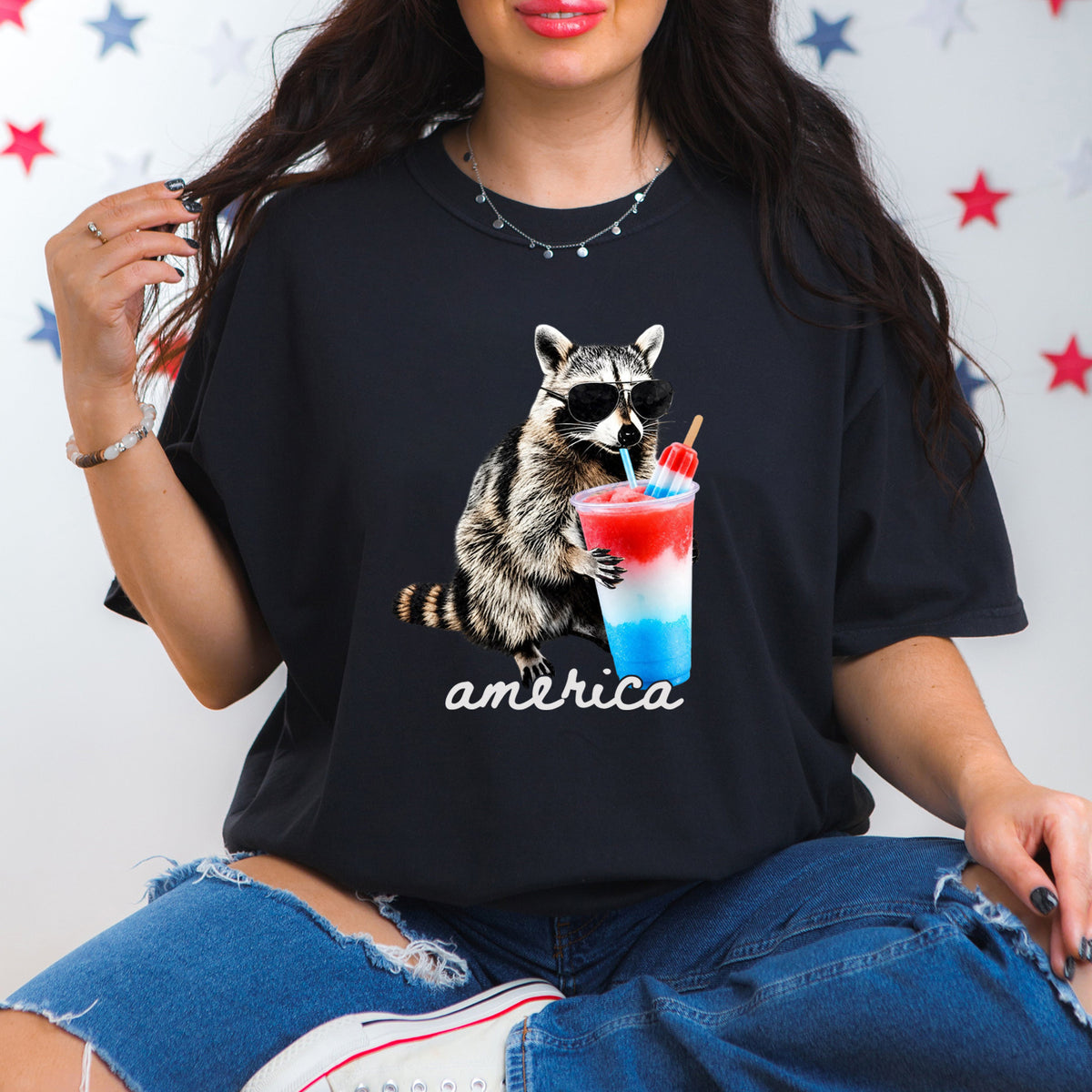 America Raccoon Drinking Patriotic Slushie T-shirt, Funny American Meme Tee, Red White Blue Popsicle Drink Shirt