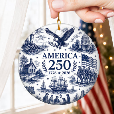 250 Years of American History - America 250th Anniversary Ornament, Blue Toile Patriotic Christmas Keepsake, USA 1776–2026 Ceramic Ornament