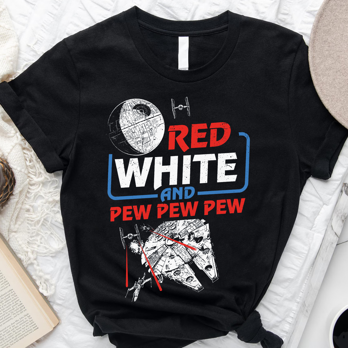 Red White And Pew Pew Pew T-Shirt, Galaxy 4th Of July Tee, Starship Independence Day Shirt, Galaxy Edge Patriotic Tee
