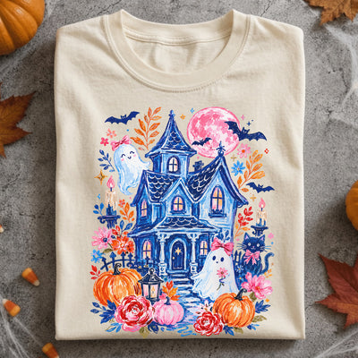 Trendy Haunted House T-shirt, Brushstroke Halloween Shirt, Girly Spooky Season Tee