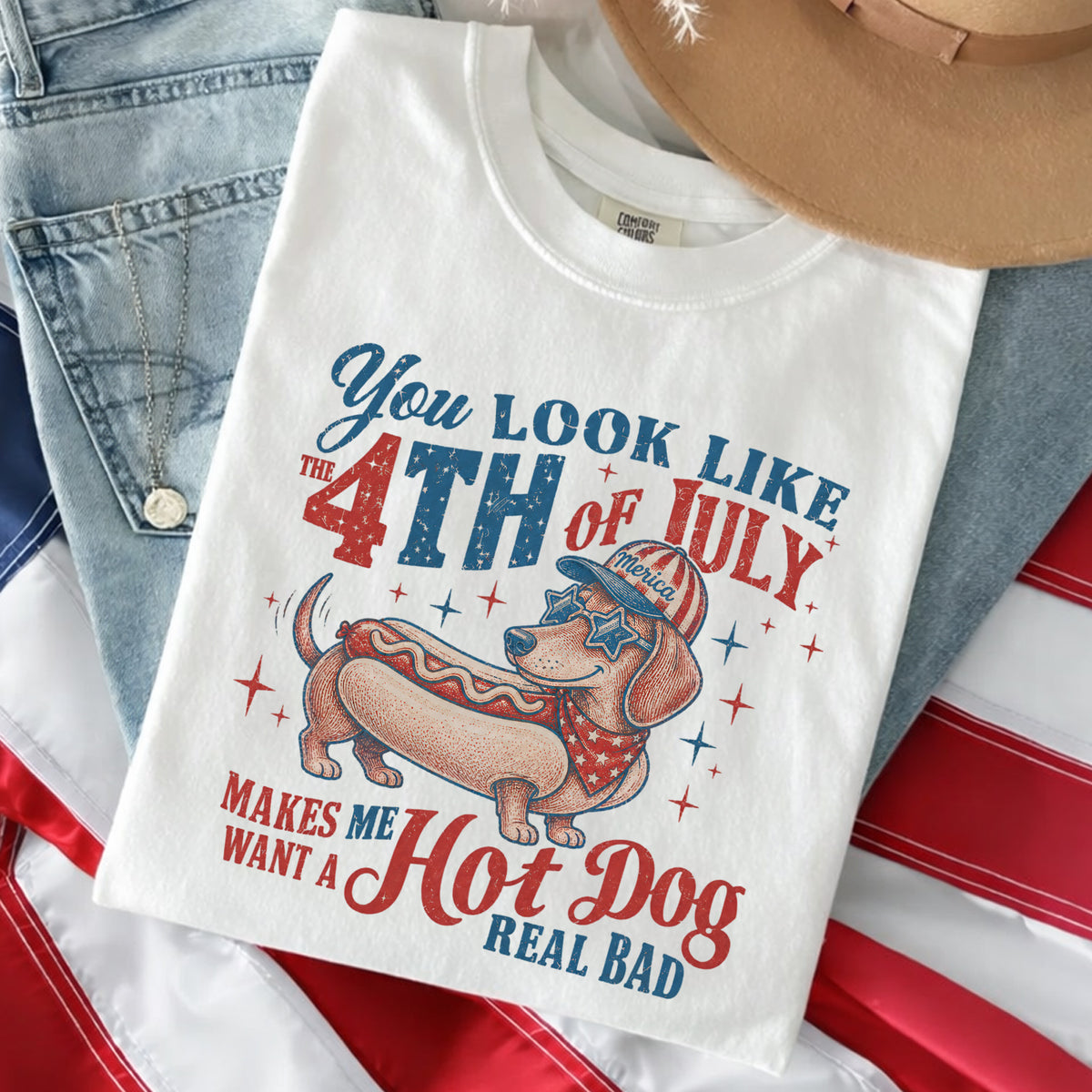 4th of July Dachshund Hot Dog T-shirt, Funny Patriotic Weiner Dog America Graphic Tee, Retro USA Independence Day Dog Lover Gift