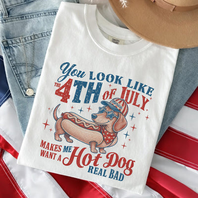 4th of July Dachshund Hot Dog T-shirt, Funny Patriotic Weiner Dog America Graphic Tee, Retro USA Independence Day Dog Lover Gift