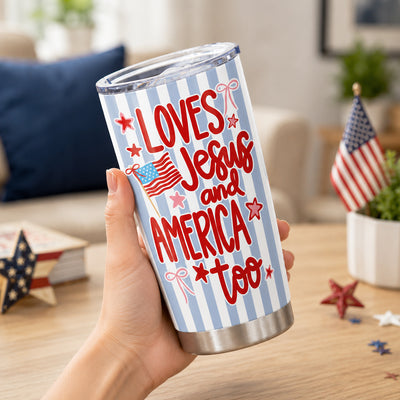 Loves Jesus and America Too Tumbler, Patriotic Christian Travel Cup with American Flag