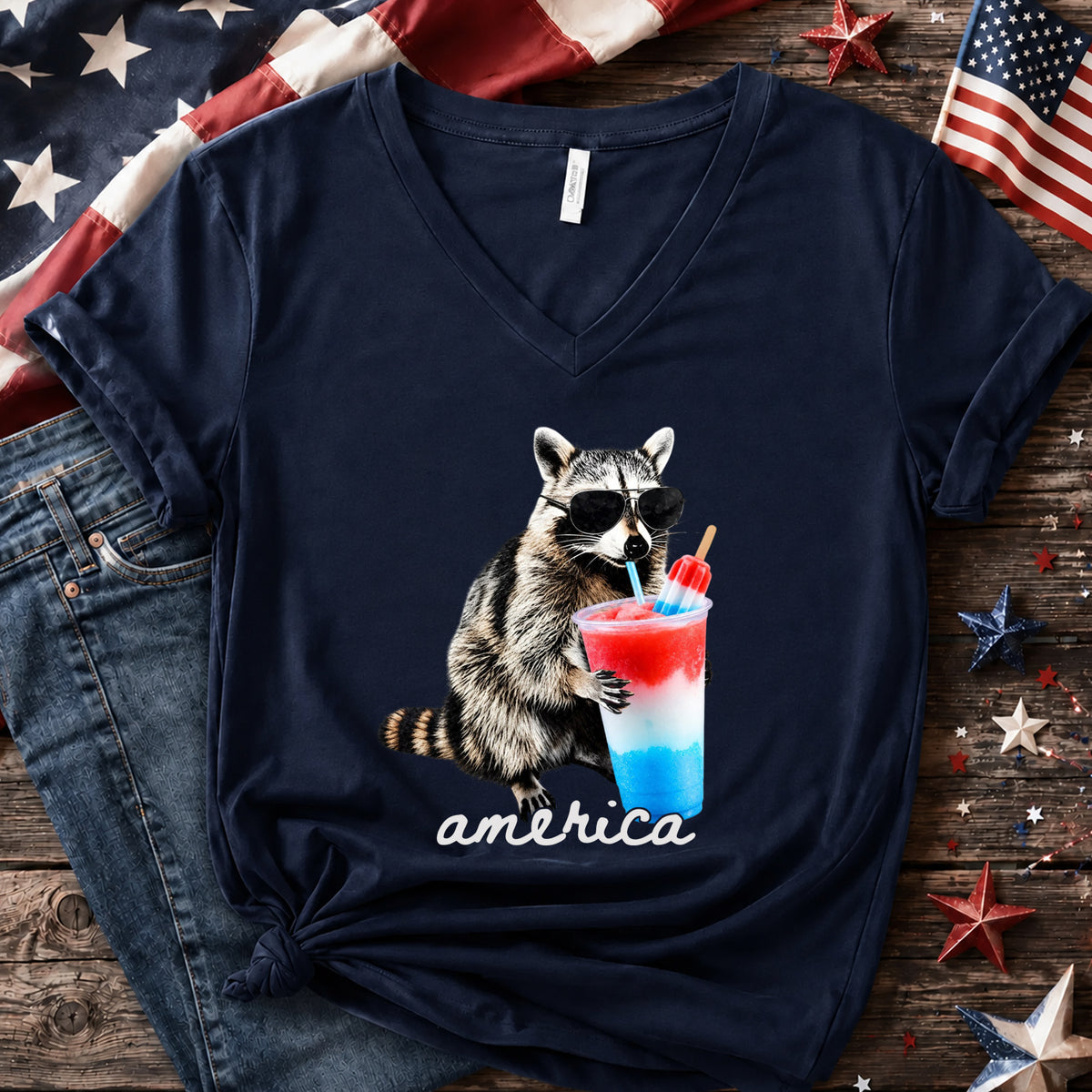 America Raccoon Drinking Patriotic Slushie T-shirt, Funny American Meme Tee, Red White Blue Popsicle Drink Shirt