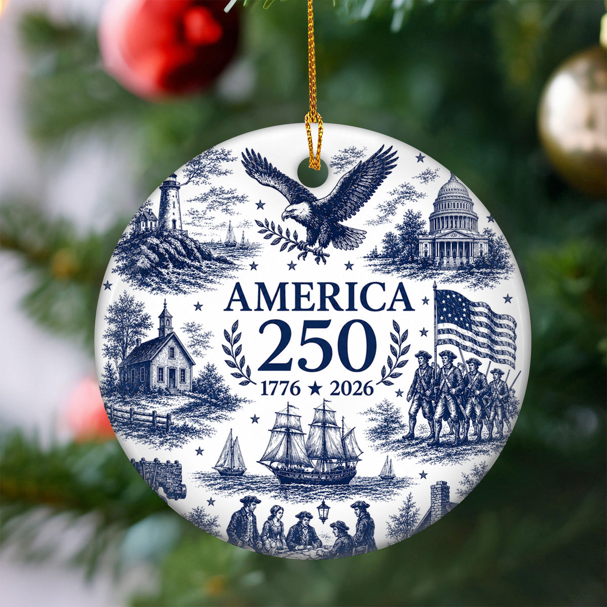250 Years of American History - America 250th Anniversary Ornament, Blue Toile Patriotic Christmas Keepsake, USA 1776–2026 Ceramic Ornament
