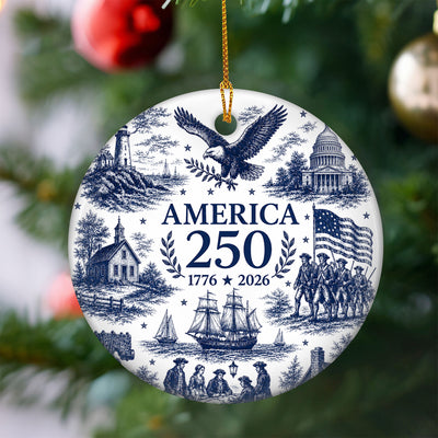 250 Years of American History - America 250th Anniversary Ornament, Blue Toile Patriotic Christmas Keepsake, USA 1776–2026 Ceramic Ornament