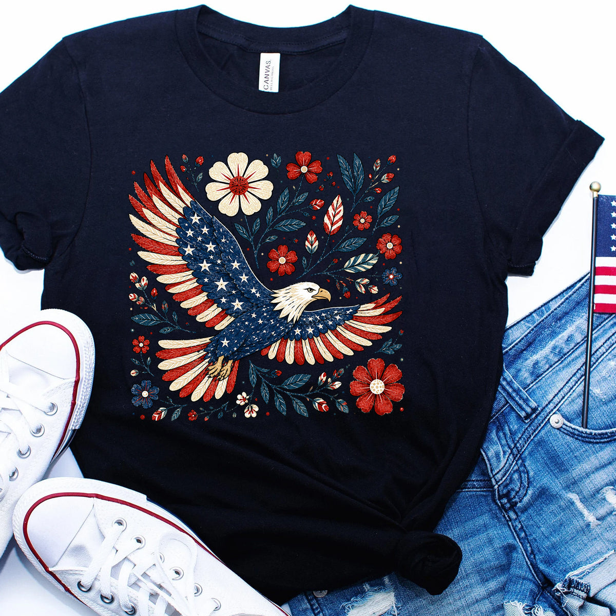 Land Of The Free, Wings Of The Brave T-Shirt, Vintage Floral Bald Eagle Patriotic Shirt