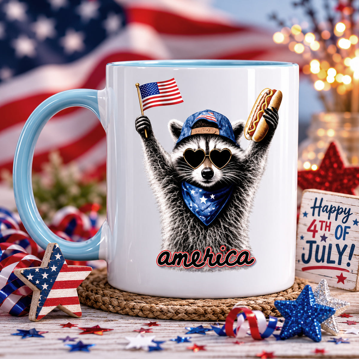 Raccoon America Mug, Feral &amp; Free Raccoon Coffee Cup, 4th of July Gift, Funny Raccoon Mug, Patriotic Home Decor, July 4th Gift