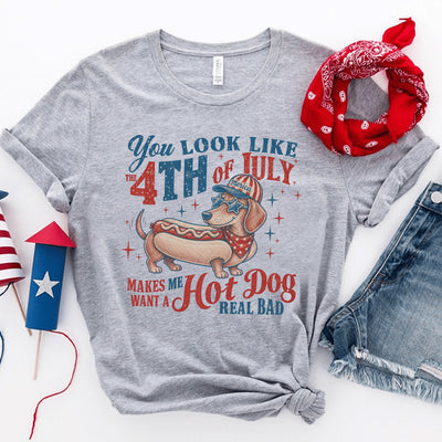4th of July Dachshund Hot Dog T-shirt, Funny Patriotic Weiner Dog America Graphic Tee, Retro USA Independence Day Dog Lover Gift