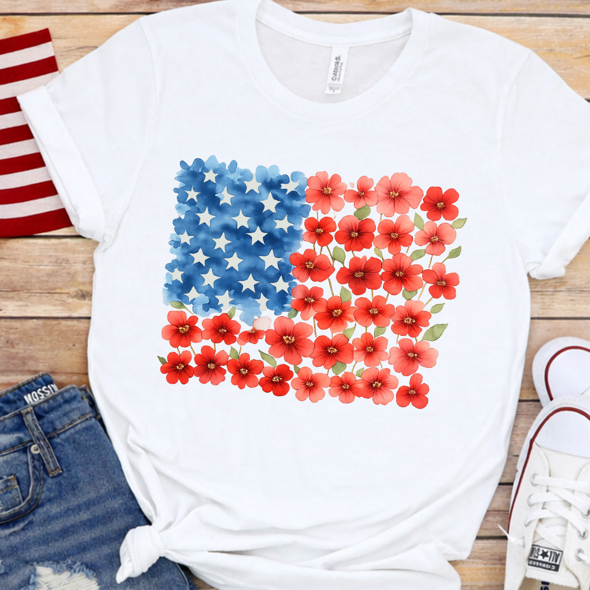 Floral American Flag T-Shirt, Patriotic Flower T-Shirt, 4th Of July Floral, Red Poppy Flag Shirt, Women's Independence Day Gift