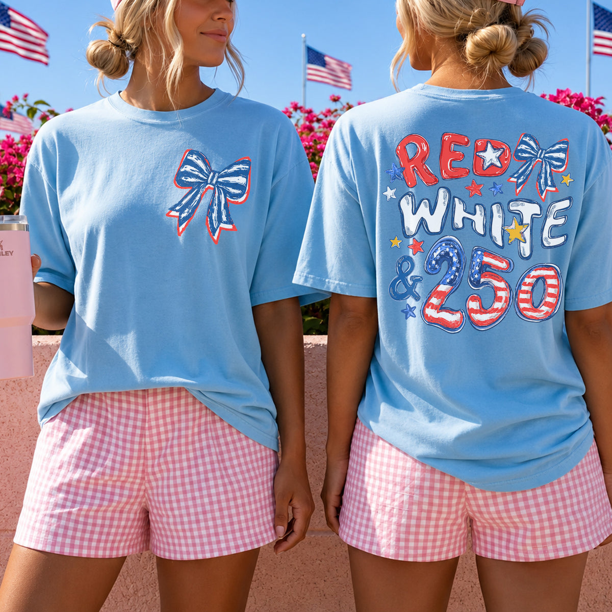 Red White Blue Celebrate 250 Years USA Anniversary T-Shirt, 250 Years Gift Shirt With Bows