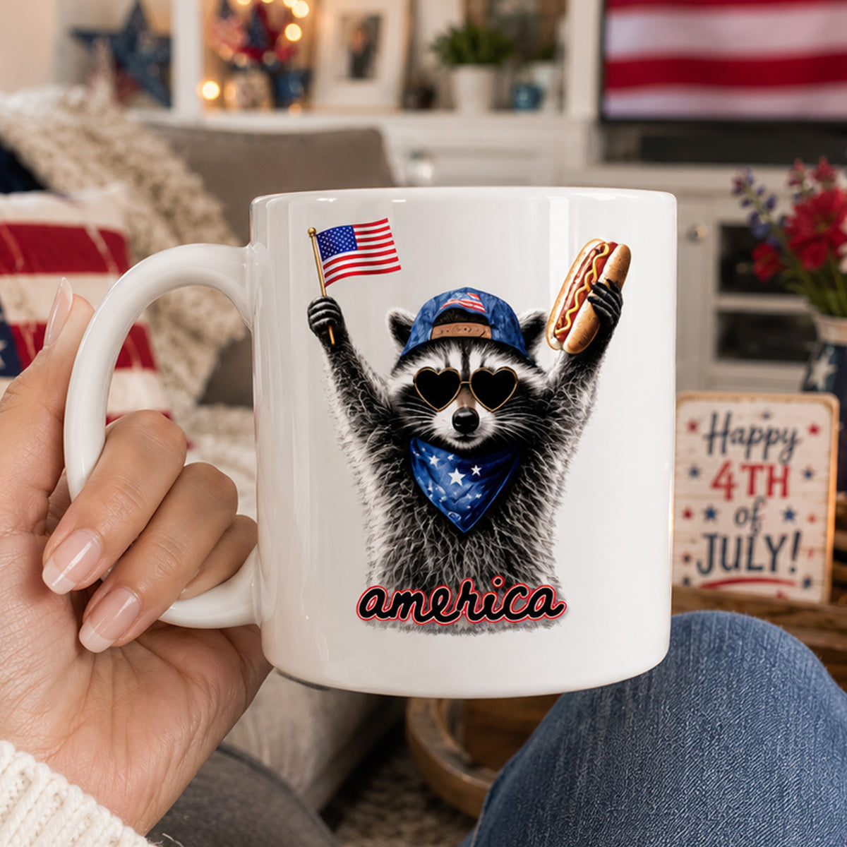 Raccoon America Mug, Feral &amp; Free Raccoon Coffee Cup, 4th of July Gift, Funny Raccoon Mug, Patriotic Home Decor, July 4th Gift