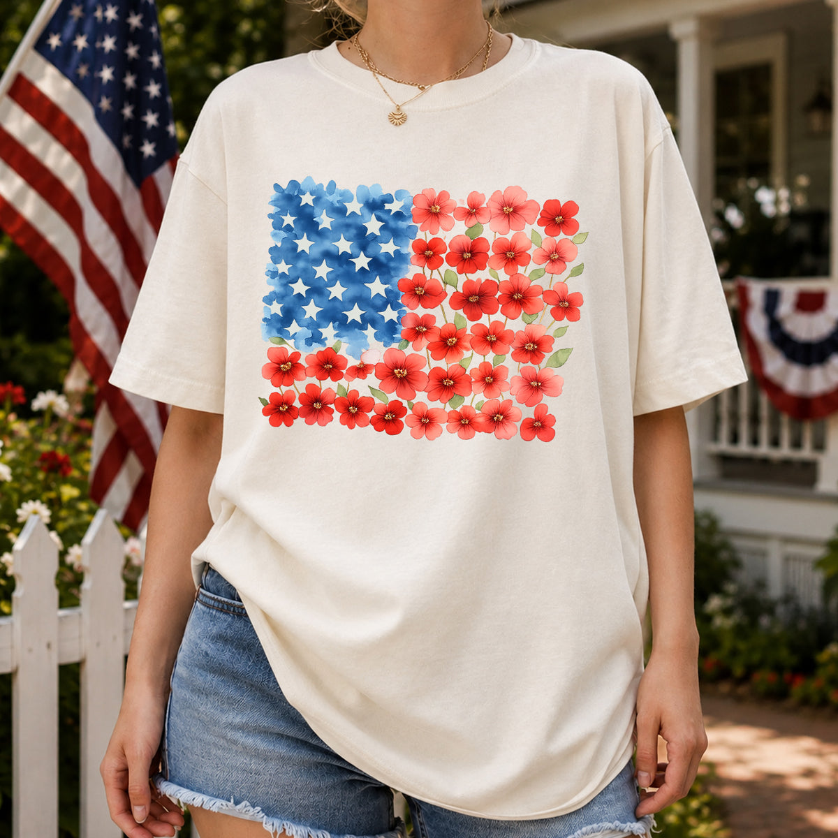 Floral American Flag T-Shirt, Patriotic Flower T-Shirt, 4th Of July Floral, Red Poppy Flag Shirt, Women's Independence Day Gift