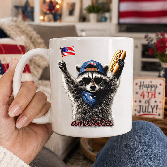 Raccoon America Mug, Feral & Free Raccoon Coffee Cup, 4th of July Gift, Funny Raccoon Mug, Patriotic Home Decor, July 4th Gift