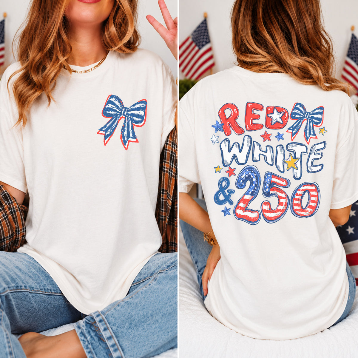 Red White Blue Celebrate 250 Years USA Anniversary T-Shirt, 250 Years Gift Shirt With Bows