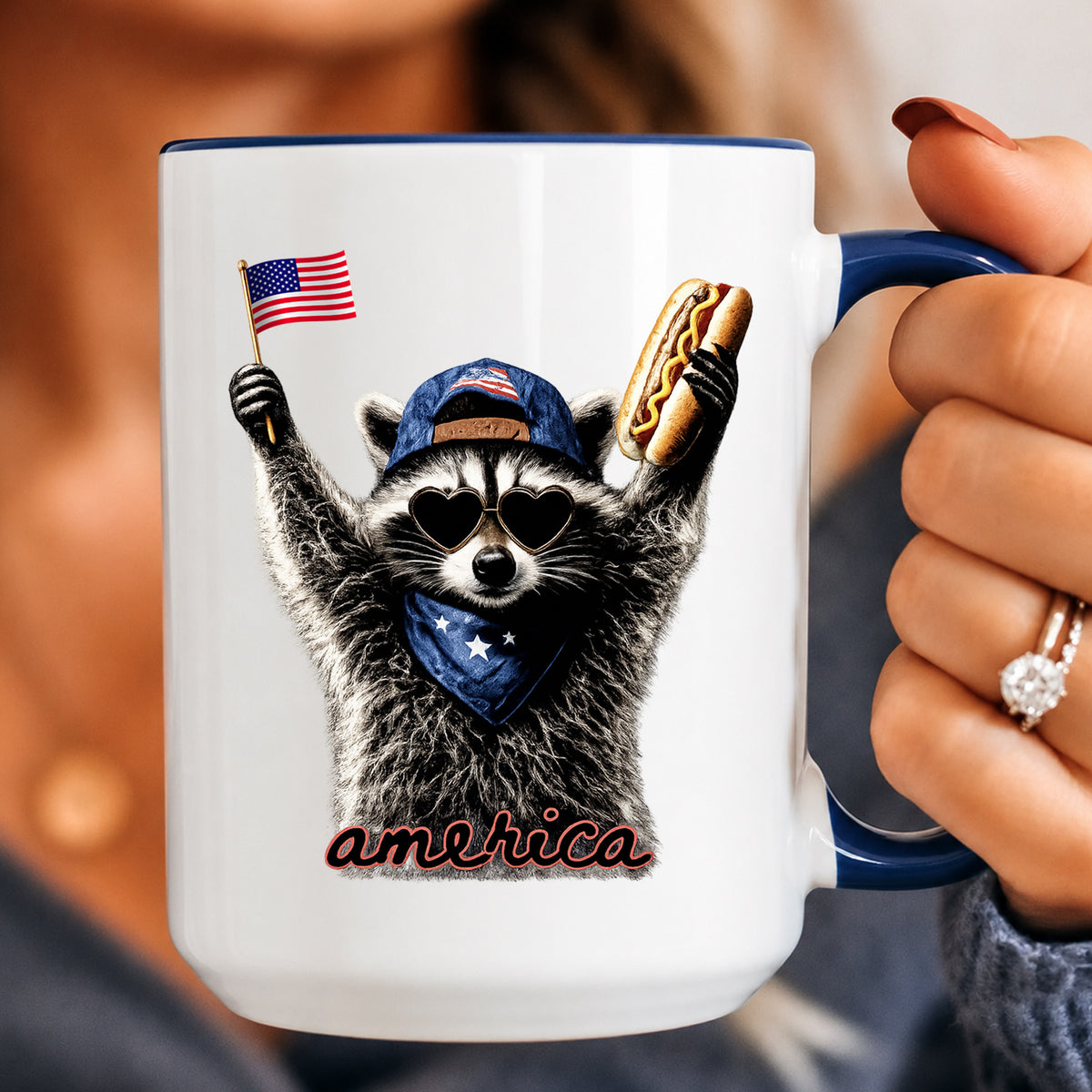 Raccoon America Mug, Feral &amp; Free Raccoon Coffee Cup, 4th of July Gift, Funny Raccoon Mug, Patriotic Home Decor, July 4th Gift