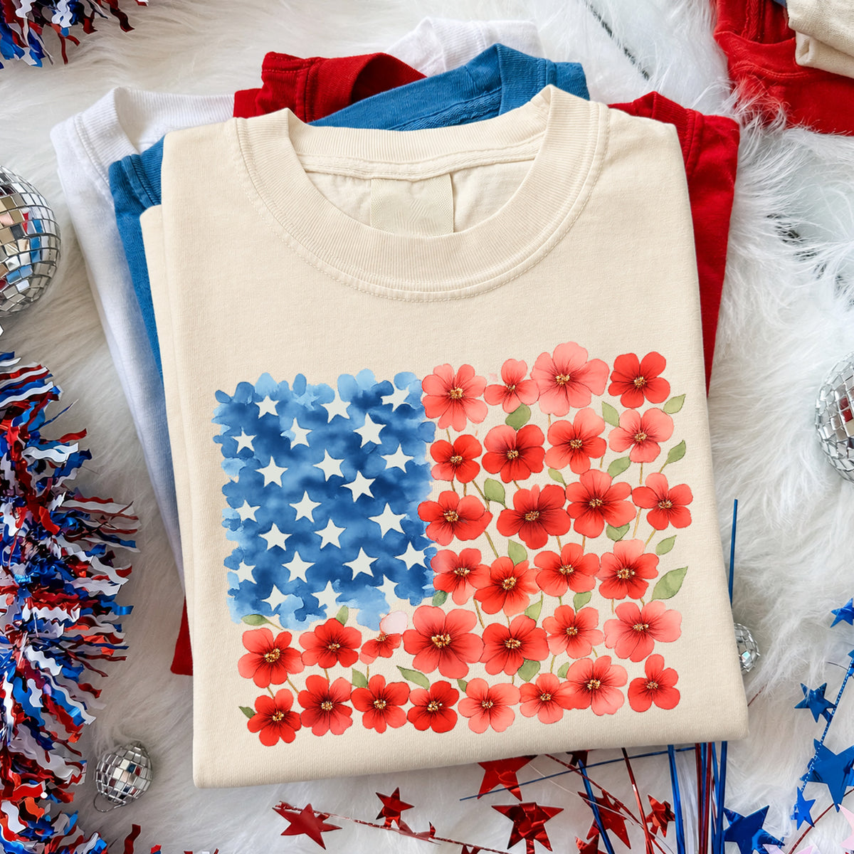 Floral American Flag T-Shirt, Patriotic Flower T-Shirt, 4th Of July Floral, Red Poppy Flag Shirt, Women's Independence Day Gift