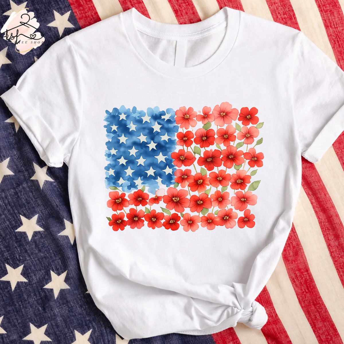 Floral American Flag T-Shirt, Patriotic Flower T-Shirt, 4th Of July Floral, Red Poppy Flag Shirt, Women's Independence Day Gift