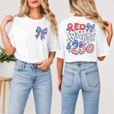 Red White Blue Celebrate 250 Years USA Anniversary T-Shirt, 250 Years Gift Shirt With Bows