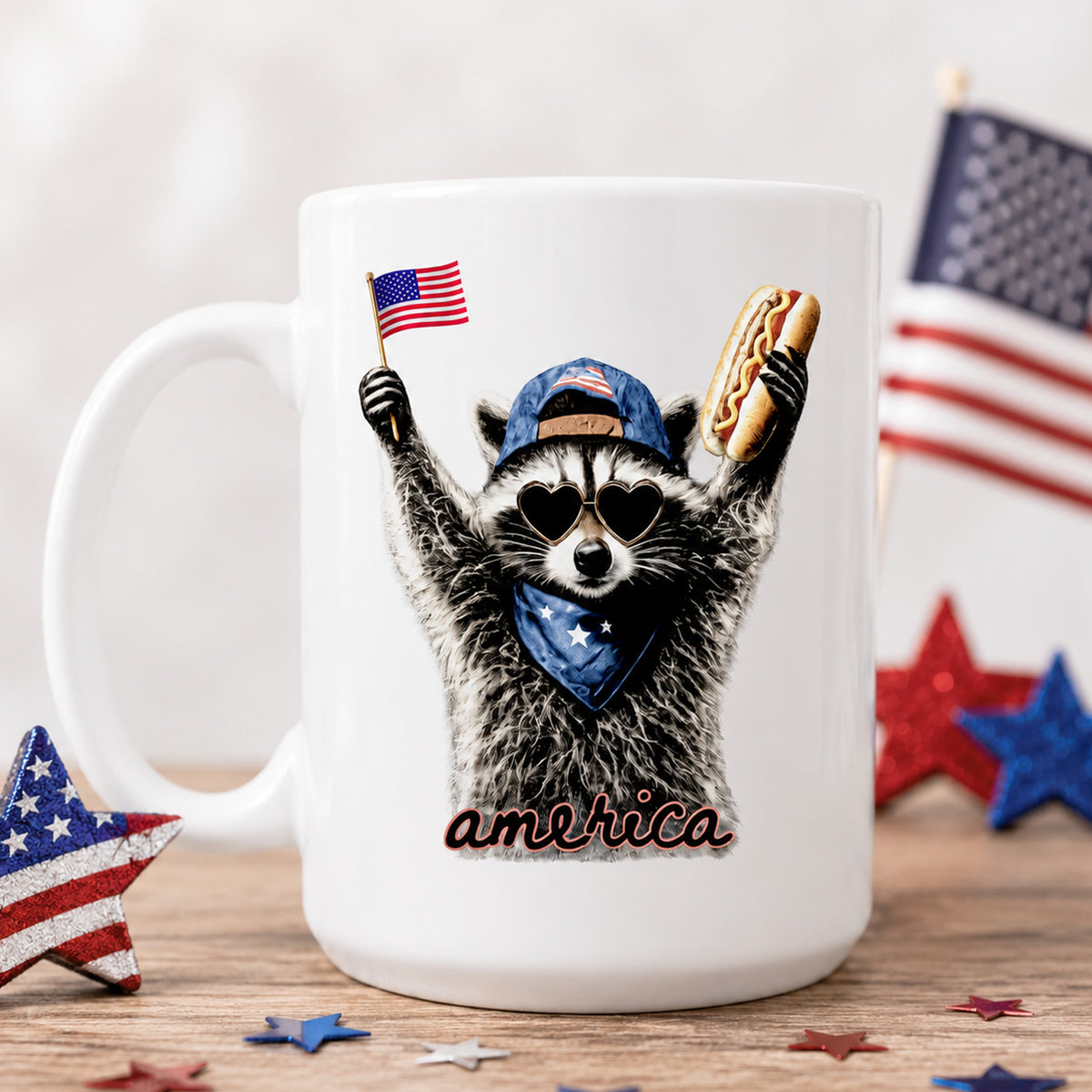 Raccoon America Mug, Feral &amp; Free Raccoon Coffee Cup, 4th of July Gift, Funny Raccoon Mug, Patriotic Home Decor, July 4th Gift