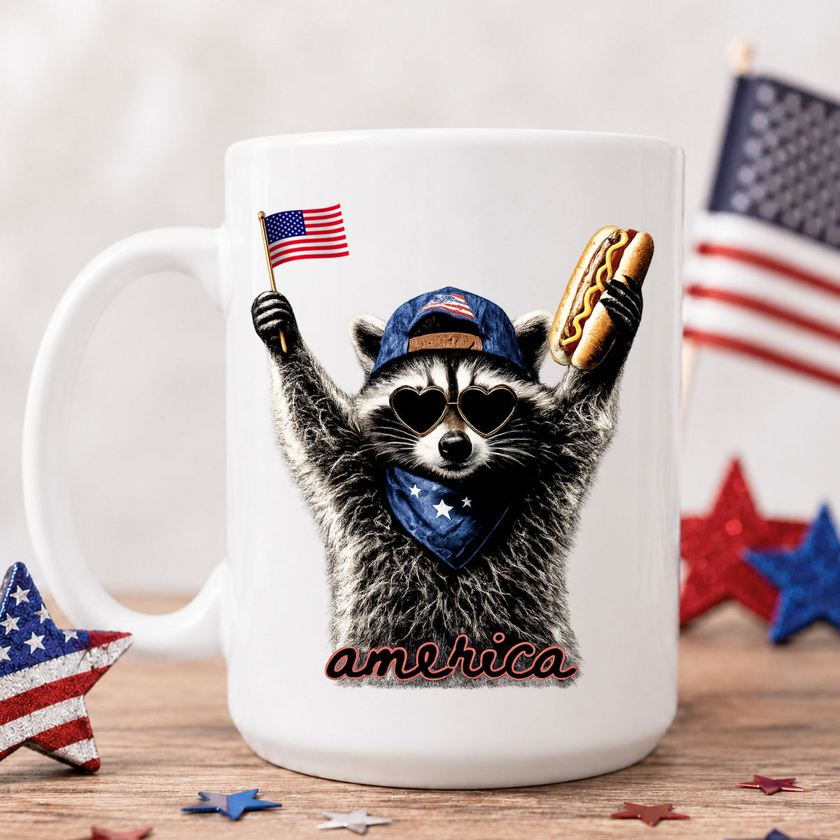Raccoon America Mug, Feral &amp; Free Raccoon Coffee Cup, 4th of July Gift, Funny Raccoon Mug, Patriotic Home Decor, July 4th Gift