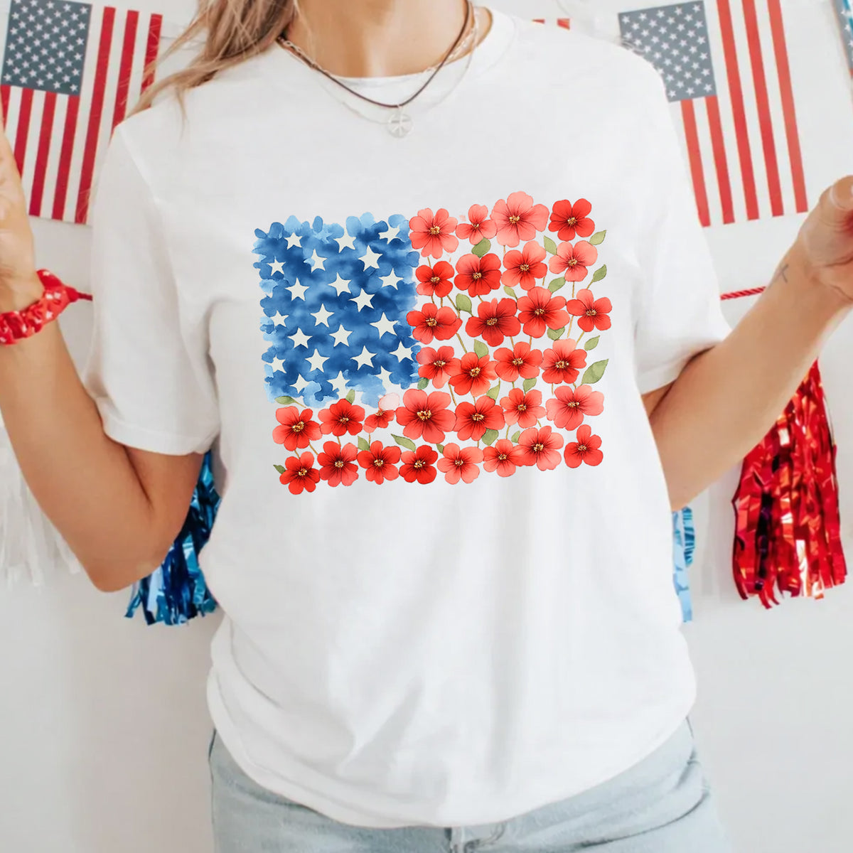 Floral American Flag T-Shirt, Patriotic Flower T-Shirt, 4th Of July Floral, Red Poppy Flag Shirt, Women's Independence Day Gift