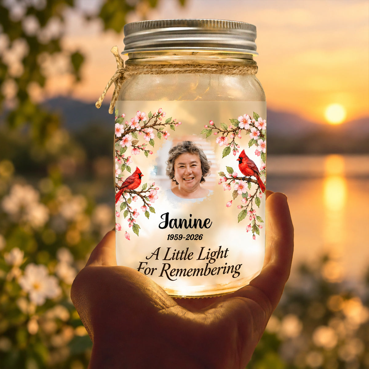 Personalized Mason Jar Light held in one hand against a sunset over the water