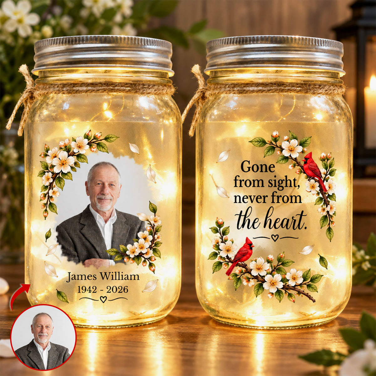 Personalized Mason Jar Light pair on a wooden table, man's photo and name on one jar, cardinal design on the other