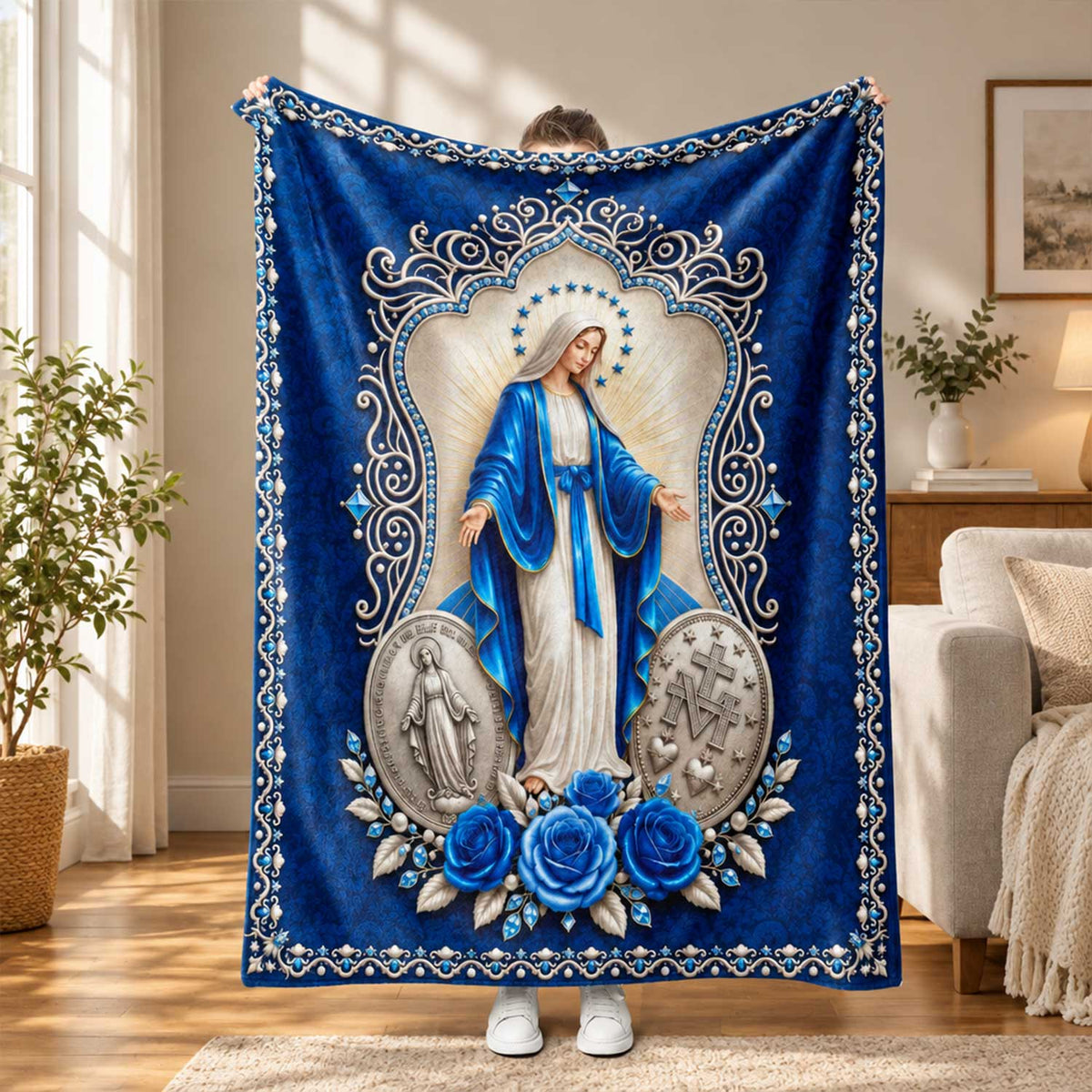 Our Lady Of Grace Royal Blue Miraculous Medal - Catholic Blanket, Gift For Her, Mom, Grandma, Catholic Gift