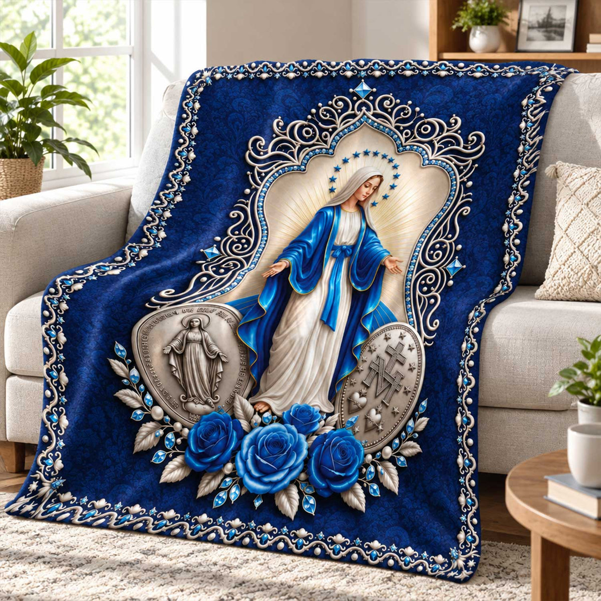 Our Lady Of Grace Royal Blue Miraculous Medal - Catholic Blanket, Gift For Her, Mom, Grandma, Catholic Gift