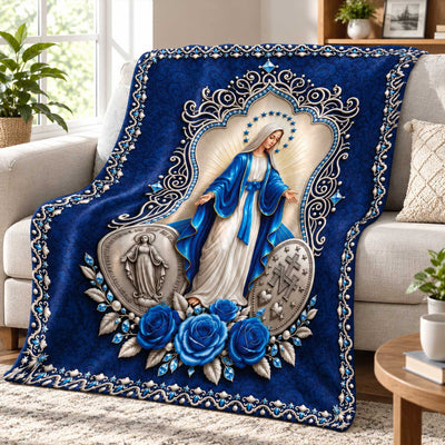 Our Lady Of Grace Royal Blue Miraculous Medal - Catholic Blanket, Gift For Her, Mom, Grandma, Catholic Gift