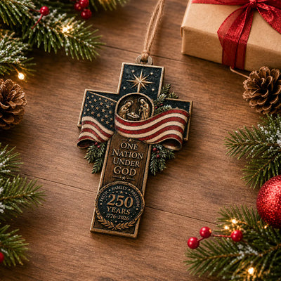 One Nation Under God - Personalized Wooden Ornament, Faith Family Freedom, Patriotic Cross Decor
