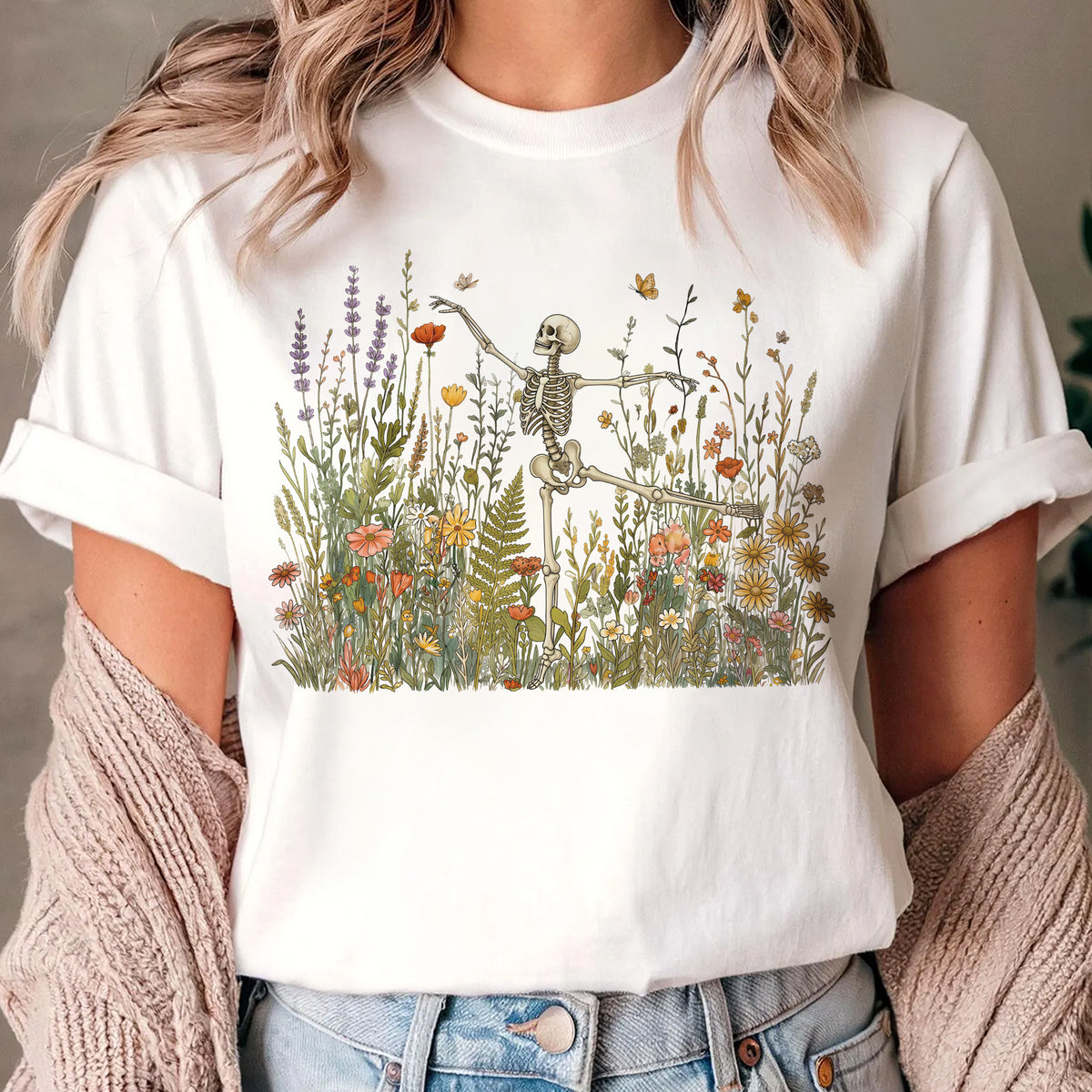 Skeleton Dancing Arabesque Wildflower T-shirt, Botanical Floral Tee, Cottagecore Halloween Shirt, Boho Hallween Tee, Nature Lover Gift