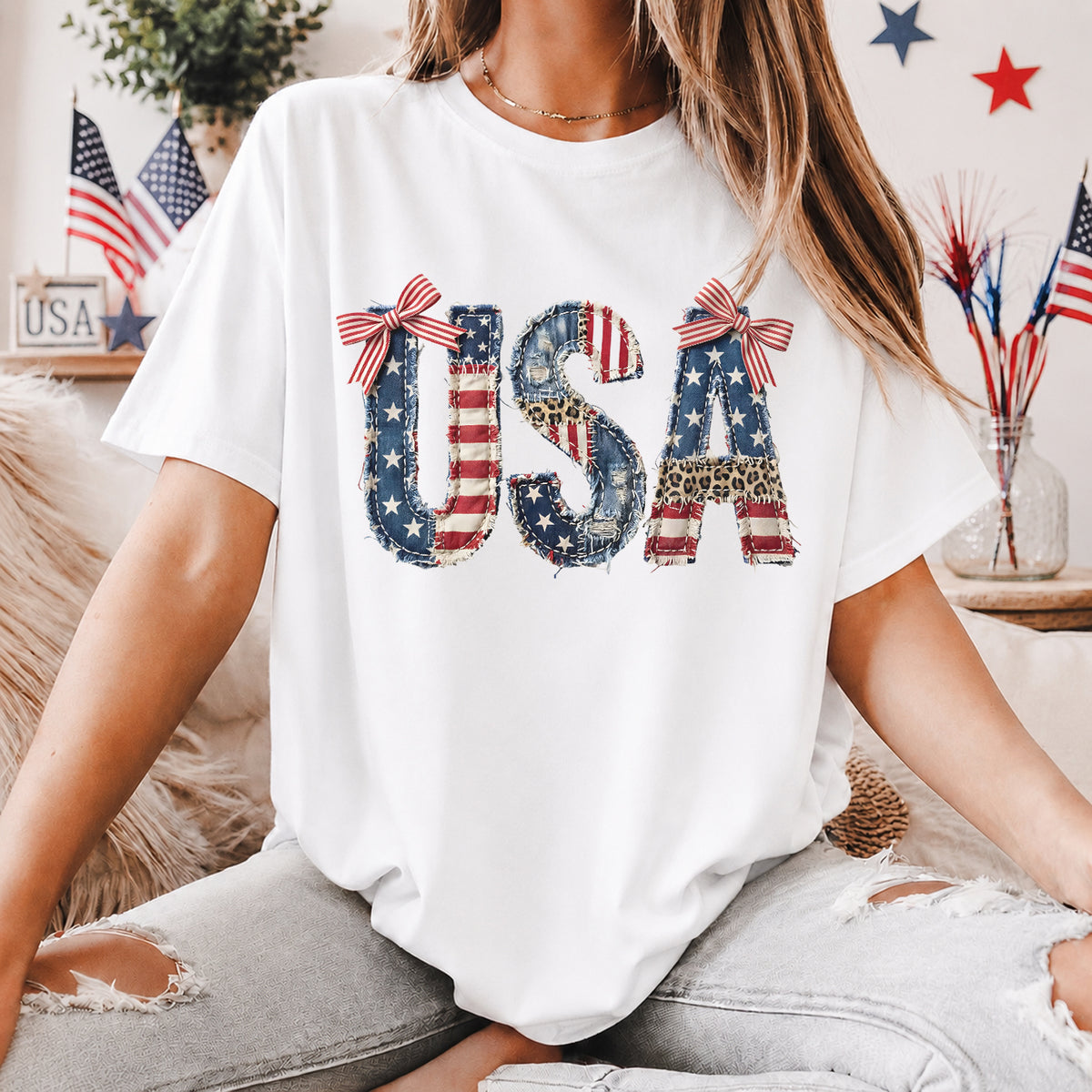 4th of July Faux Patchwork USA T-Shirt, Patriotic American Flag Shirt, USA Flag Tee, 4th of July Tee
